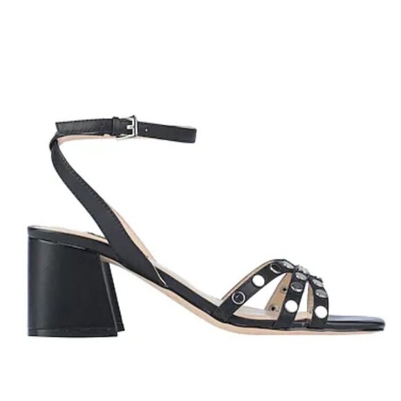 Marc Fisher Quilon Studded Heeled Sandal Women's Block T-Strap Black Size 9 1/2 - Picture 2 of 12